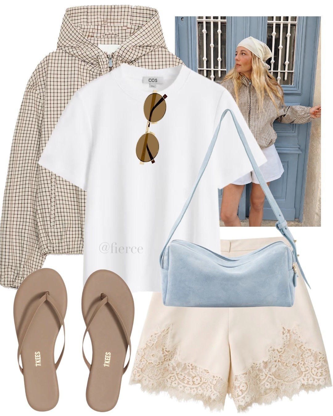 Light check jacket taupe beige thong flip flop sandals light blue suede shoulder bag satin lace shorts ltkUSA weekend casual outfit

#LTKuk #LTKsummer #LTKeurope
