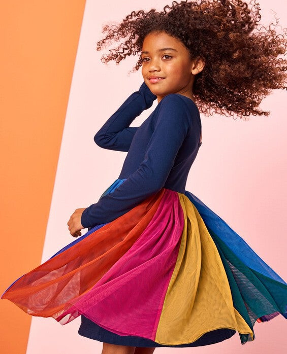 Girls' Navy Multi Long Sleeve Tulle Rainbow Dress - Size Big Kids 12 by Hanna Andersson | Hanna Andersson