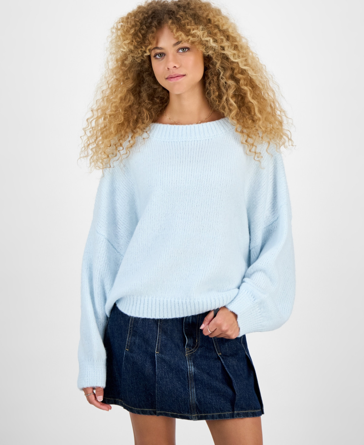 Hippie Rose Juniors' Slouchy Balloon-Sleeve Crewneck Sweater - Ice Melt | Macy's
