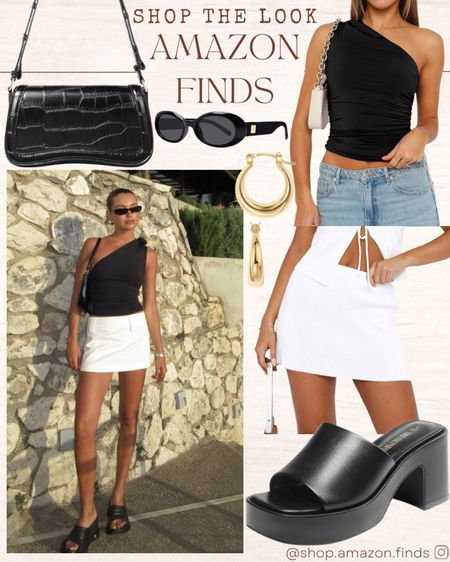 Pinterest Inspired Look!
Cute summer date night look styled from Amazon. Black in shoulder top, white mini skirt, and accessories.

#LTKStyleTip #LTKItBag #LTKShoeCrush