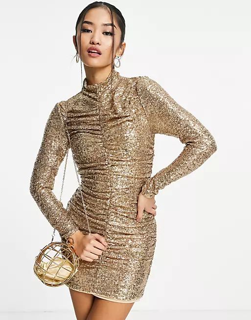 Ever New Petite high neck ruched sequin mini dress in gold | ASOS (Global)
