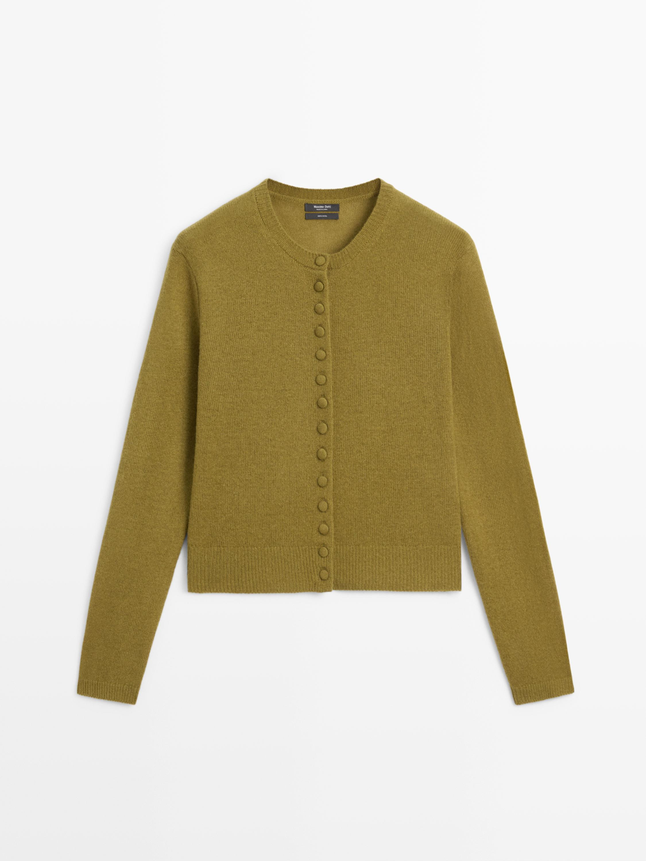 Wool knit cardigan with covered buttons | Massimo Dutti US