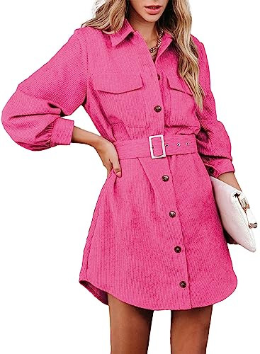 ARTFREE Women's Corduroy Dress Button Down Long Sleeve Mini Dress Lapel Belted Fall Casual Jacket Shirt Dress with Pockets Fuchcia M Fuchsia | Amazon (US)