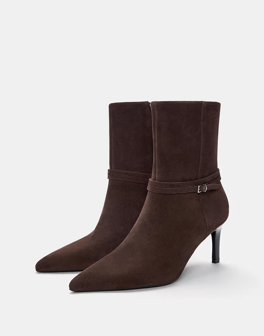Pull&Bear Leather ankle boots with buckle and heel in brown | ASOS (Global)