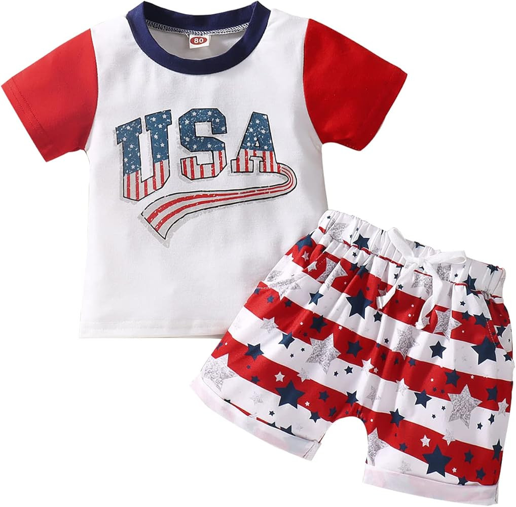 4th Of July Infant Boy Outfits Summer USA Short Sleeve Top +Striped Stars Pants Shorts Baby Boy I... | Amazon (US)