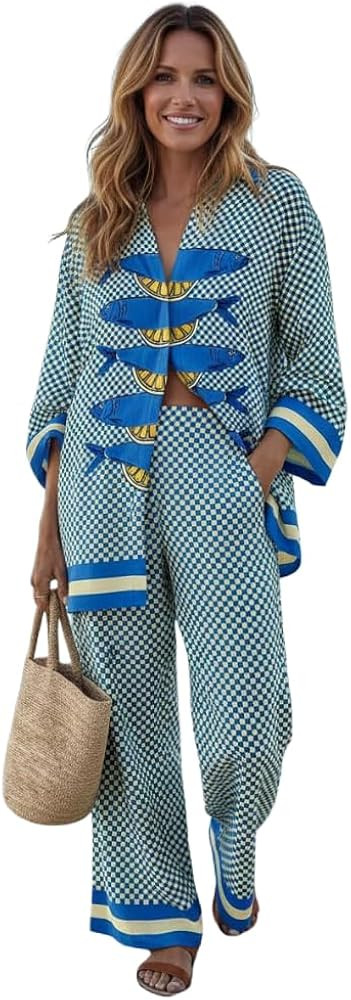 Women's Beach Vacation 2 Piece Outfits Long Sleeve Button Shirt Elastic Waist Wide Leg Pants Casu... | Amazon (US)