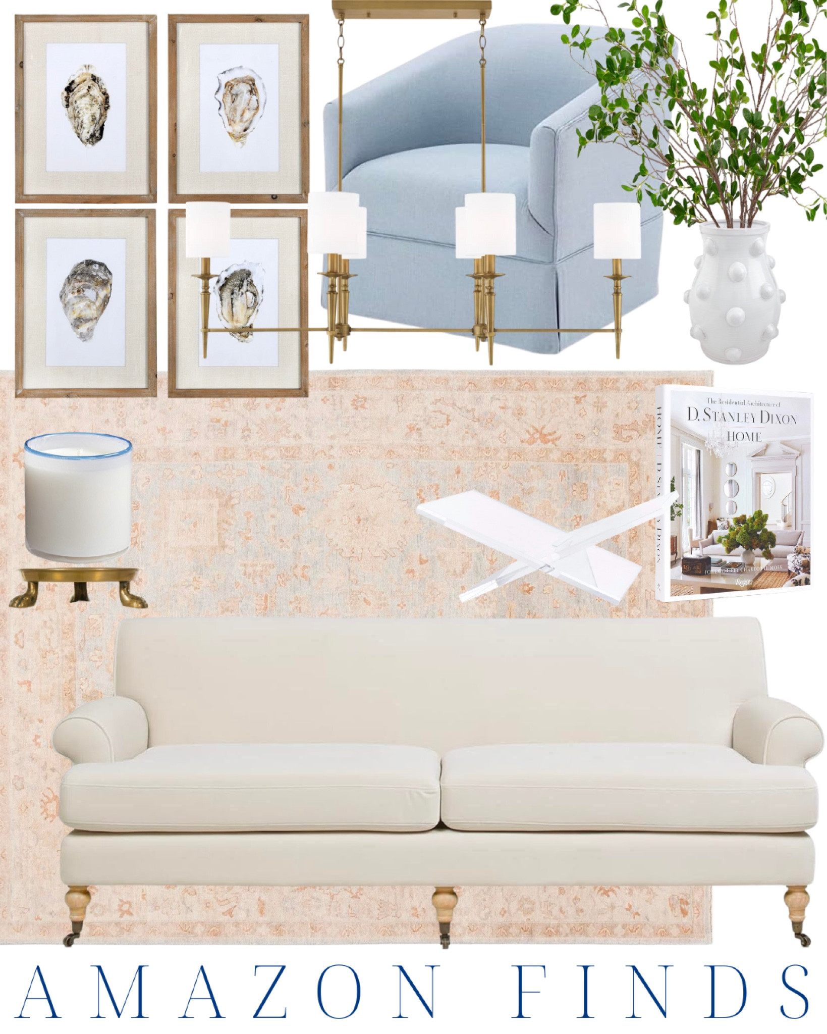 grandmillennial decor | blue and white decor | classic home decor | oyster art prints | linen couch | linen sofa | light blue chair | brass chandelier | white vase | traditional home | neutral home | southern home | southern living

#LTKhome