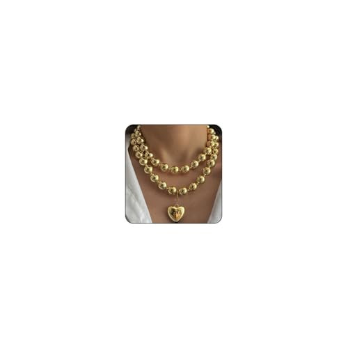 Bestleey Chunky Gold Heart Necklace for Women Large Round Bead Beaded Necklace Layered Love Choker Necklaces Stackable Punk Thick Chain Pendant Bold Statement Jewelry Gift (Gold) | Amazon (US)