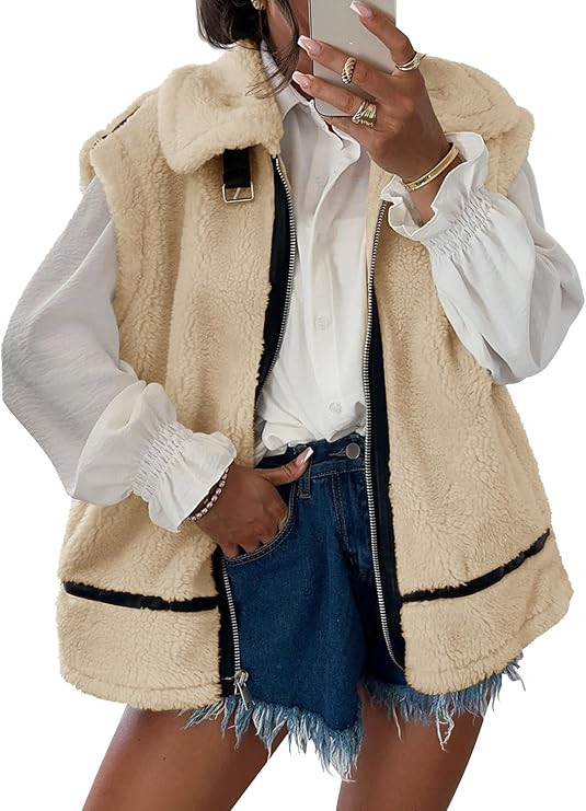 Tankaneo Womens Fuzzy Fleece Vest Sleeveless Zip Up Sherpa Jacket Fall Loose Fit Warm Outerwear w... | Amazon (US)