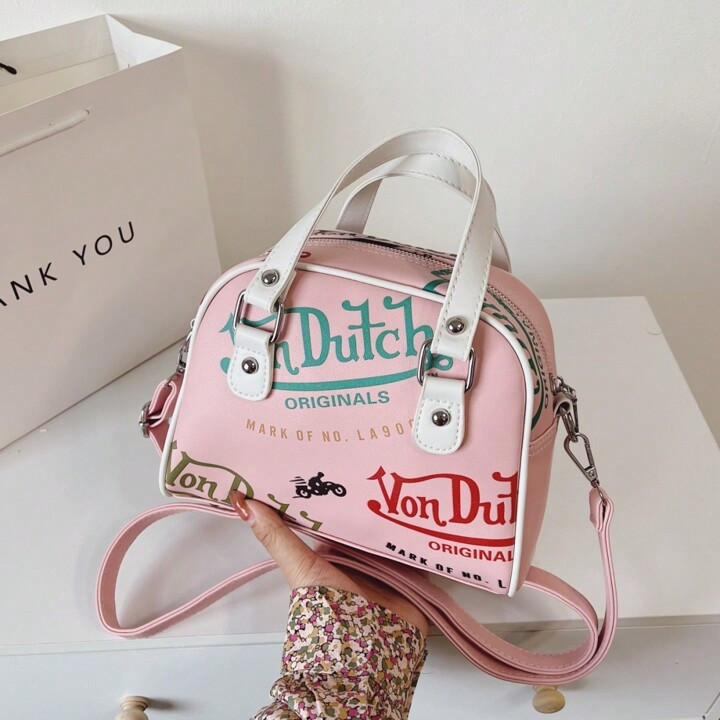 Von Dutch 1pc PU Pink Print Classic Boston Bowling Tote Shoulder Bag For Women | SHEIN