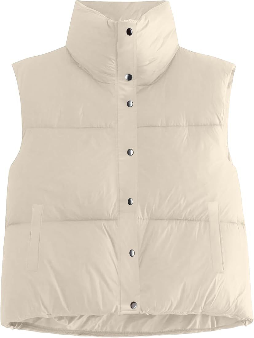 Women's Sleeveless Cropped Puffer Vest Zip Up Stand Collar Button Down Winter Crop Jackets Outwea... | Amazon (US)