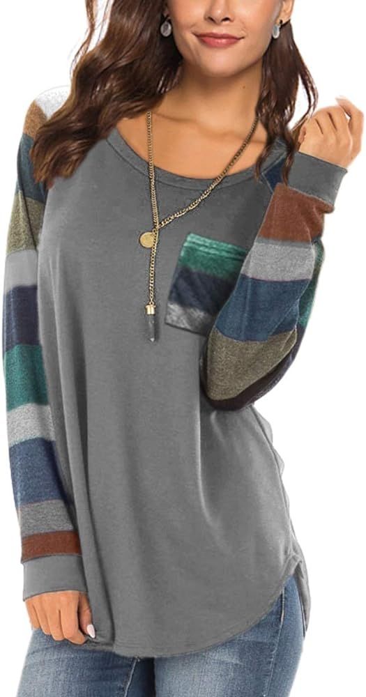 Women's Casual Long Sleeve Round Neck Loose Tunic T Shirt Blouse Tops with Pocket | Amazon (US)