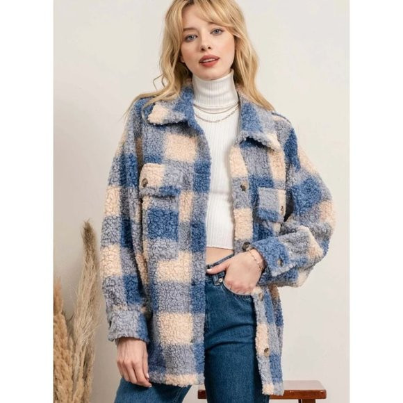 New with Tags Gingham Sherpa Jacket Gingham Plaid Oversized Jacket Blue SZ S | Poshmark