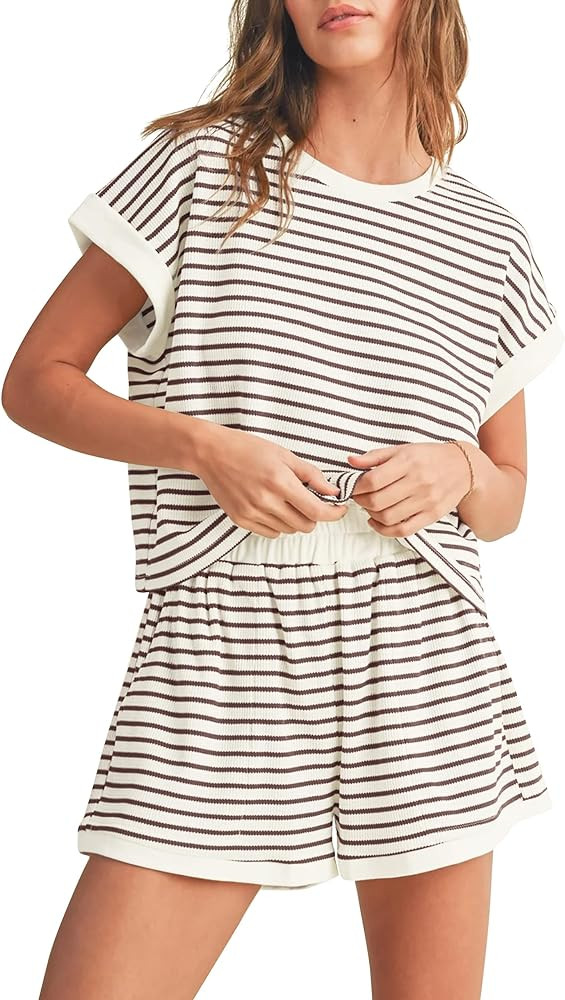 Women 2 Piece Ribbed Knit Pajama Set Striped Short Sleeve Tee Shirts and Shorts Lounge Sets Summe... | Amazon (US)