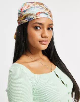 ASOS DESIGN medium polysatin headscarf in renaissance cherub print | ASOS (Global)