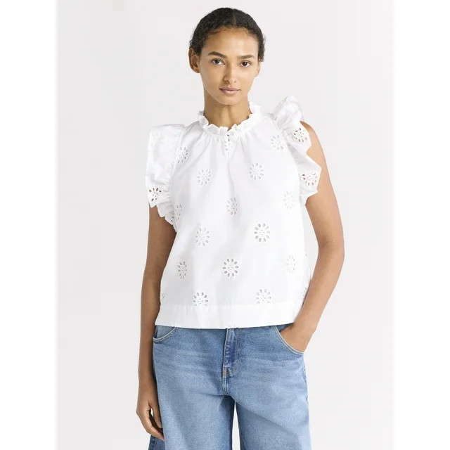Free Assembly Women's Cotton Eyelet Top with Flutter Sleeves, Sizes XS-XXL | Walmart (US)