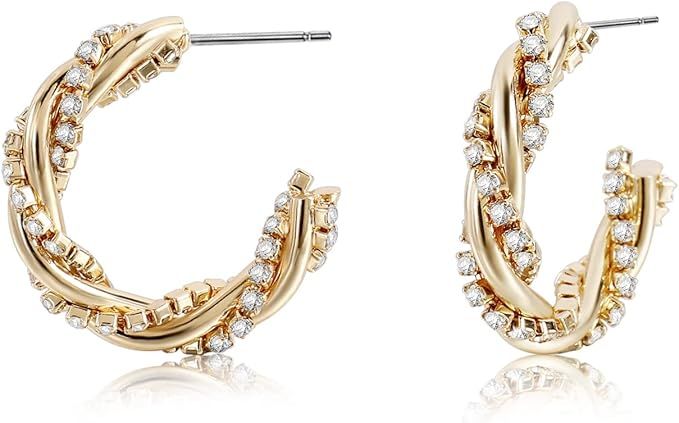 Gold Twisted Hoop Earrings Gold Plated Simulated Diamond CZ Lightweight Open Hoops | Amazon (US)