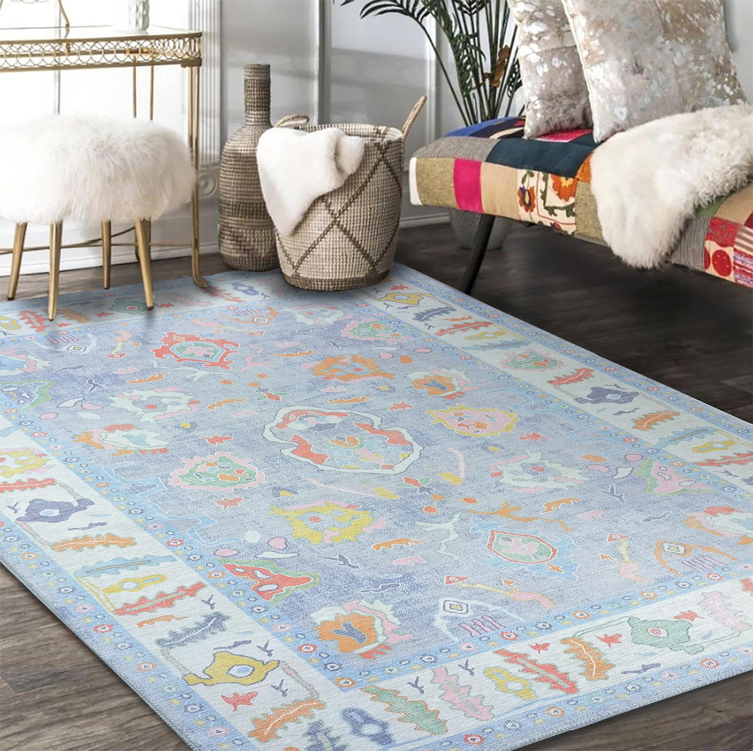 Modern Oushak Rug, Vintage Turkish Light Blue Oriental Antique Inspired Washable Area Rugs, Luxur... | Amazon (US)