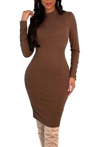 CHBAZH Women's Brown Sweater Dresses Long Sleeve Mock Neck Ribbed Midi Dress(Brown,L) | Amazon (US)