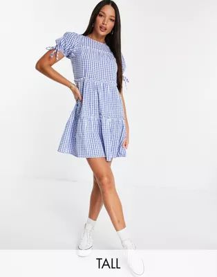 Influence Tall tiered gingham mini dress in blue | ASOS (Global)