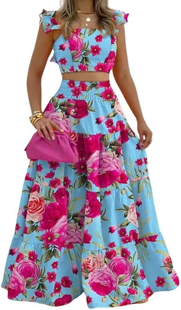 Fronage Women's 2 Piece Outifits Ruffle Sleeve Tank Top and High Waist Tiered Maxi Skirt Summer C... | Amazon (US)