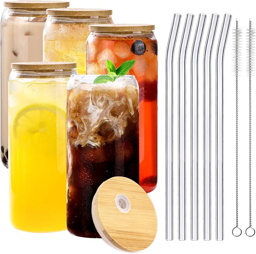 Moretoes 5 Pack 20oz Beer Can Glass with Bamboo Lids and Glass Straw, Reusable Drinking Glasses C... | Amazon (US)