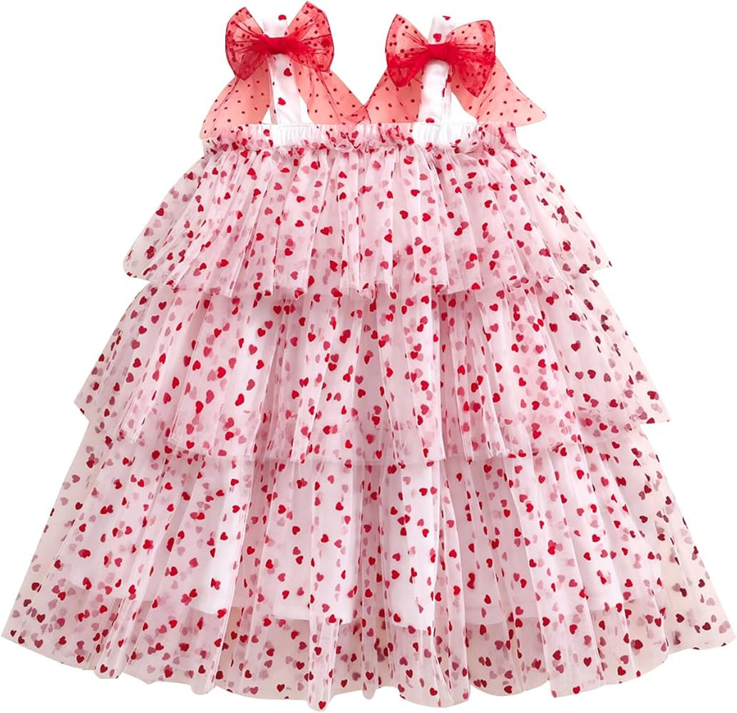 Toddler Girl Valentines Outfits Love Heart Sleeveless Sling Ruffle Layered Dress Tulle Tutu Princ... | Amazon (US)