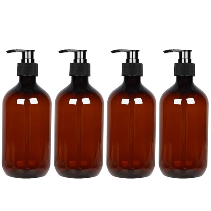 4 Pack 17oz 500ml Empty Amber Plastic Bottles with Pumps.BPA-FREE Pump Bottles for Cooking Sauces... | Amazon (US)