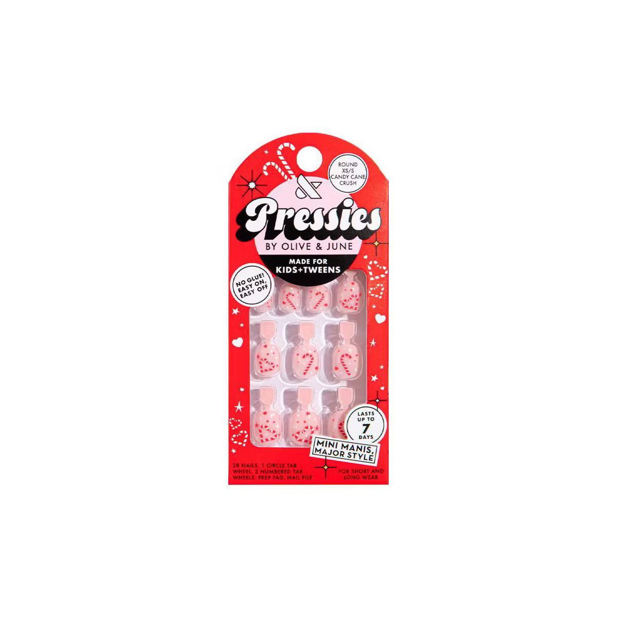 Olive & June Pressies Fake Nails - XS Round - Candy Cane Crush - 28ct | Target