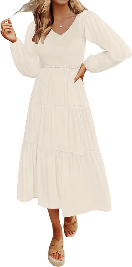 MEROKEETY Women's 2023 Casual Long Sleeve Smocked Dress V Neck High Waist Ruffle Tiered Midi Dres... | Amazon (US)