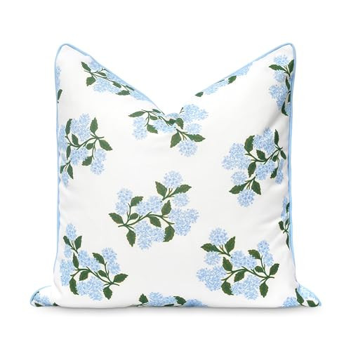 Hofdeco Premium Coastal Patio Indoor Outdoor Throw Pillow Cover Only, 20"x20" Water Repellent for Backyard, Couch, Baby Blue Print Hydrangea Flower | Amazon (US)