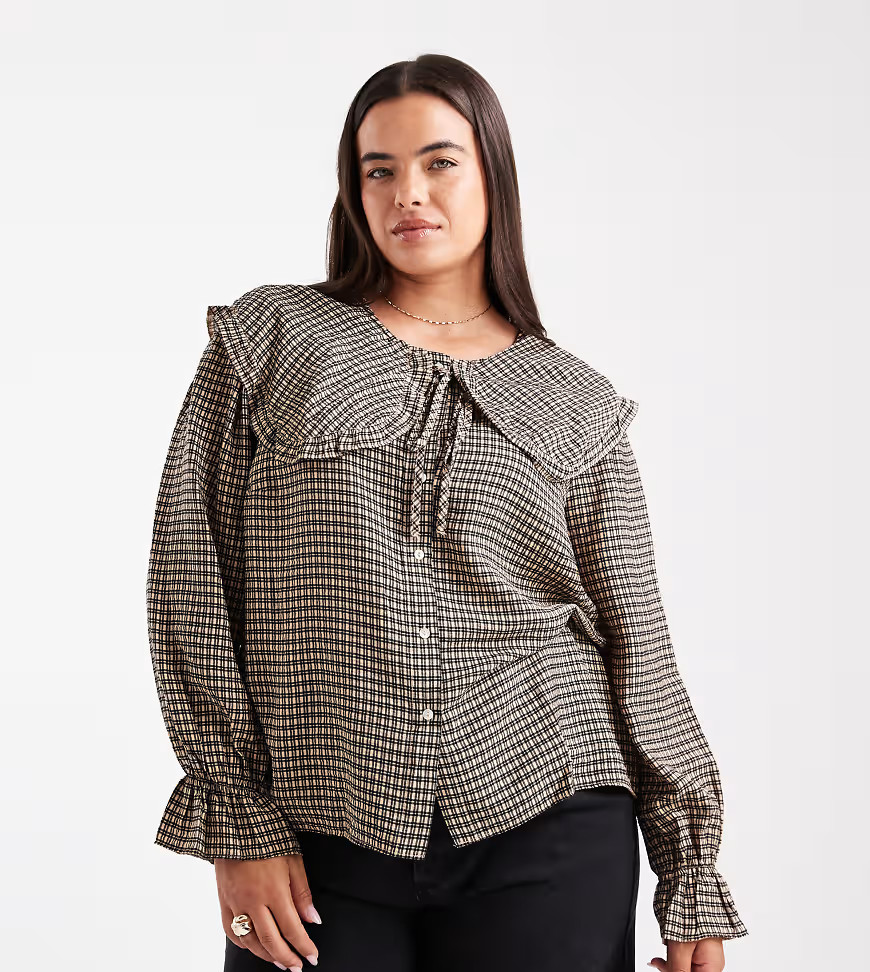 New Look Curve frill oversized collar check shirt in brown | ASOS (Global)
