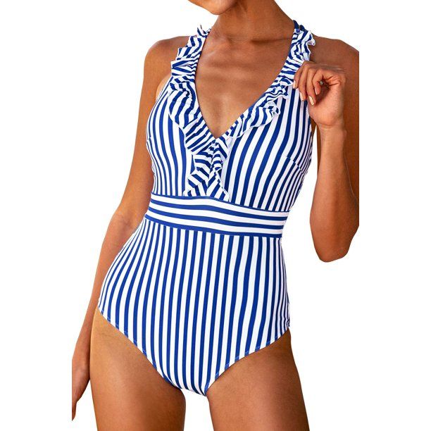 Cupshe Women's V Neck Ruffled Criss Cross Back One Piece Swimsuit Blue, M - Walmart.com | Walmart (US)