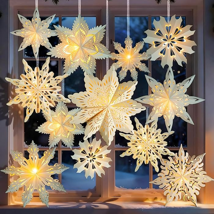 12 Pcs Christmas Paper Snowflake Lanterns, 3D Christmas Paper Star Lanterns with LED Lights, 10/1... | Amazon (US)