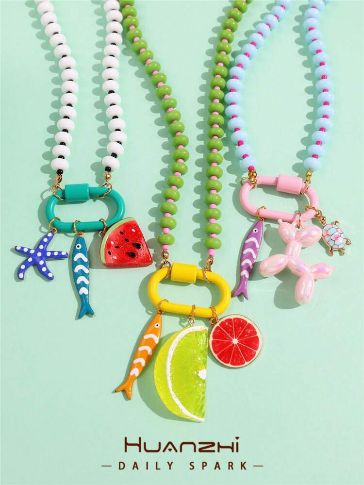 1pc Bohemian Colorful Beaded Lemon Watermelon Starfish Fish Balloon Dog Turtle Pendant Necklace, ... | SHEIN