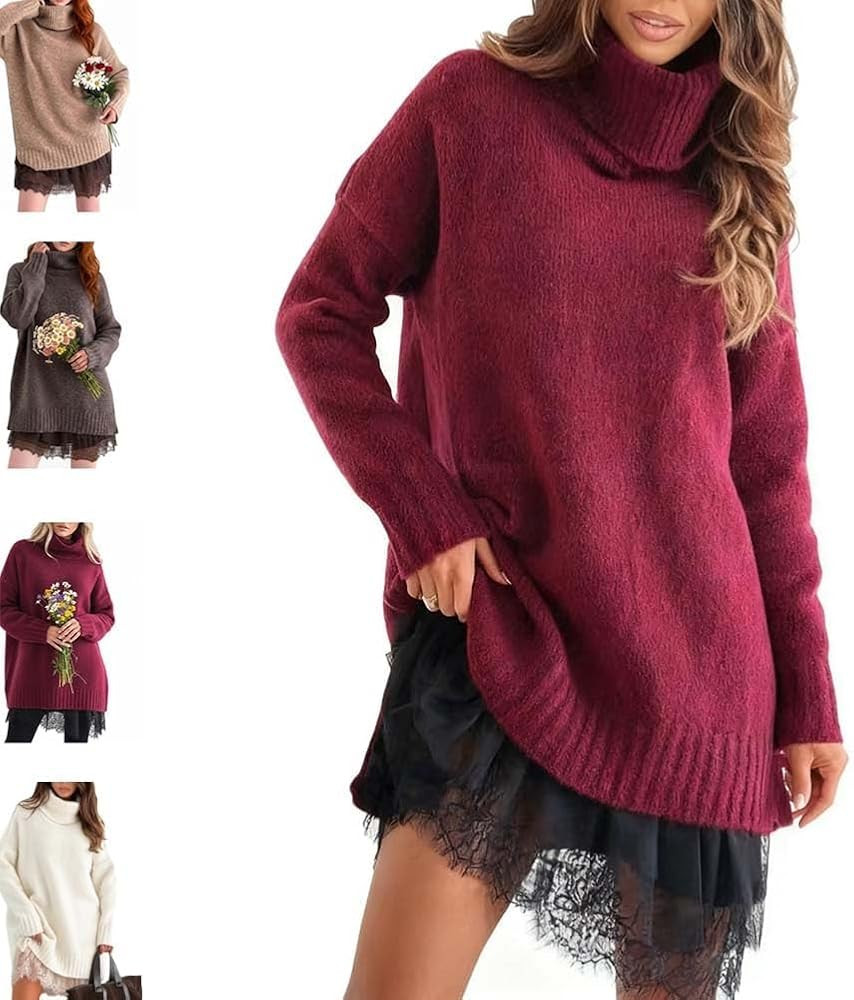 Womens Turtleneck Sweater Mini Dress Set, Casual Fall Sweaters with Lace-Trim Skirt Pullover Long... | Amazon (CA)