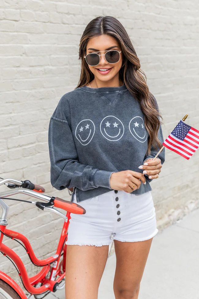 Smiley Star Eyes Navy Cropped Corded Graphic Sweatshirt | Pink Lily