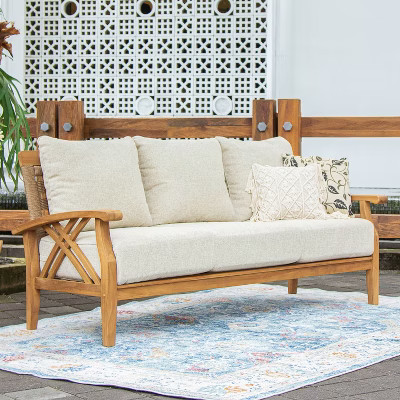 Sonoma Lane Eola Teak Outdoor Sofa with Tan Zippered Cushions - Weather-Resistance | Target