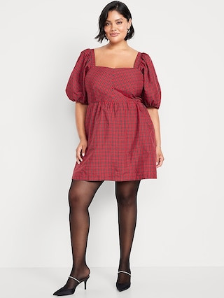 Puff-Sleeve Plaid Fit & Flare Taffeta Mini Dress | Old Navy (US)