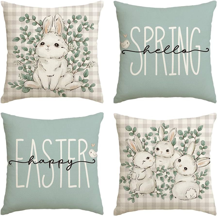 AVOIN colorlife Happy Easter Buffalo Plaid Rabbit Throw Pillow Cover, 18 x 18 Inch Eucalyptus Lea... | Amazon (US)