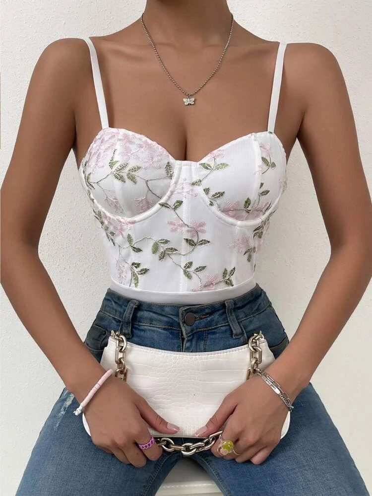 Floral Embroidery Bustier Cami Bodysuit | SHEIN