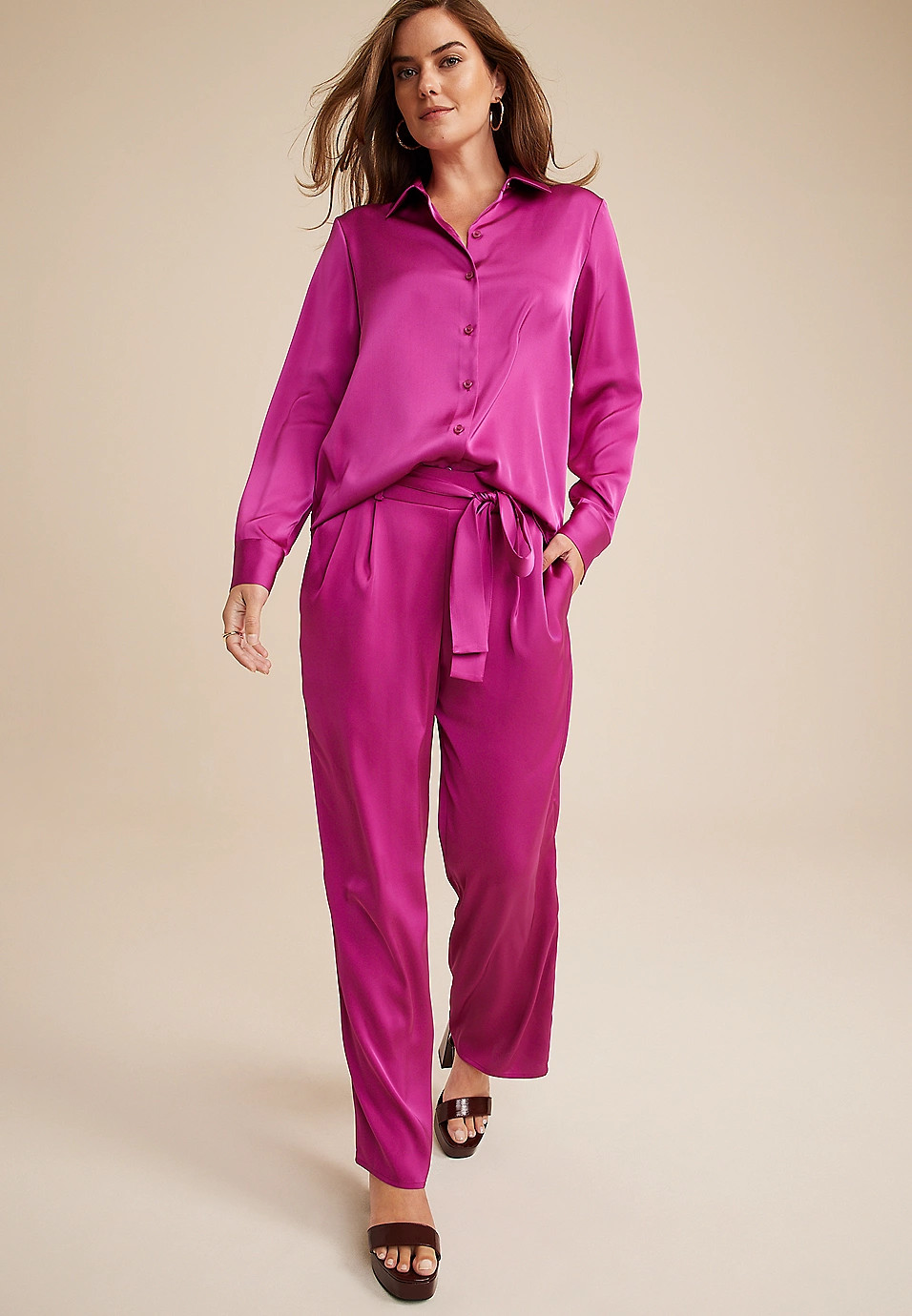 Winona Pink Satin Button Down Blouse | Maurices