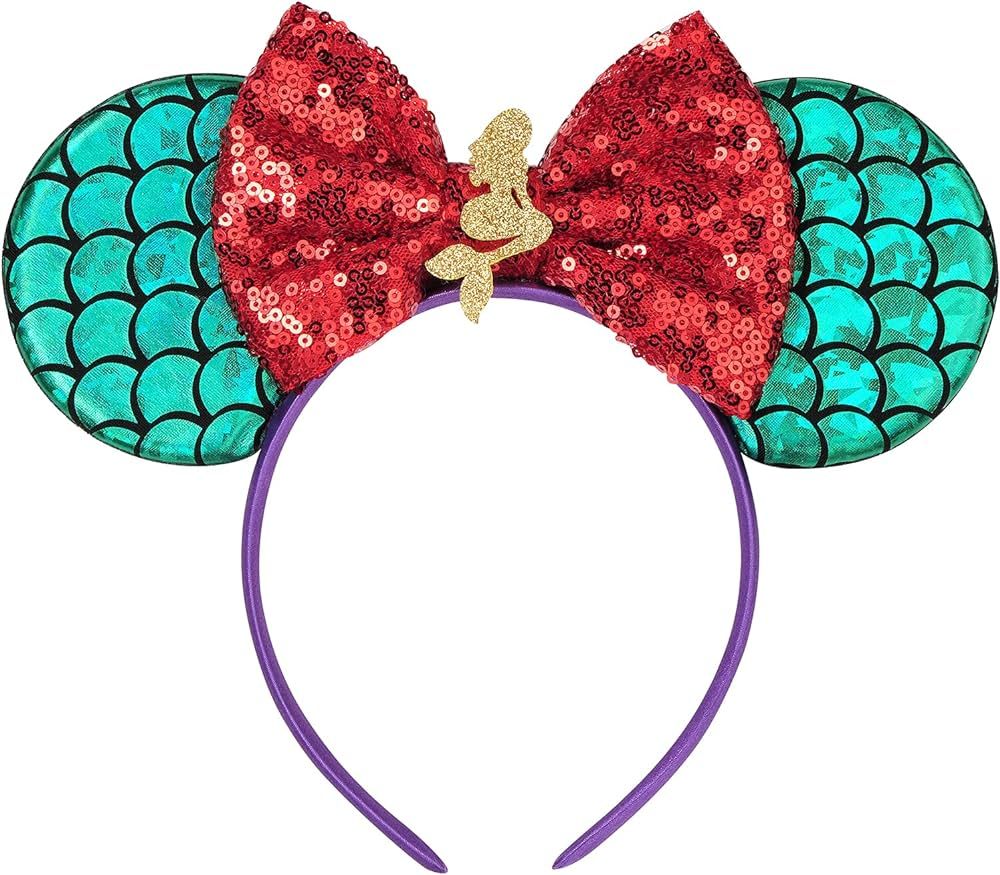 Mermaid Mouse Ears Bow Headbands, Sequin Mermaid Minnie Ears Headband Mermaid bithday Decoration ... | Amazon (US)