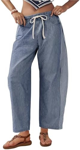 Women's Baggy Wide Leg Jeans Mid Rise Barrel Denim Ankle Pants Casual Striped Pull On Drawstring ... | Amazon (US)