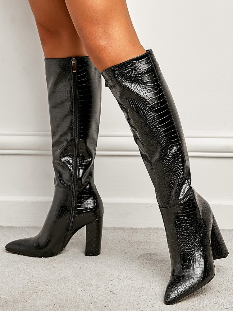 Crocodile Embossed Chunky Heeled Boots | SHEIN