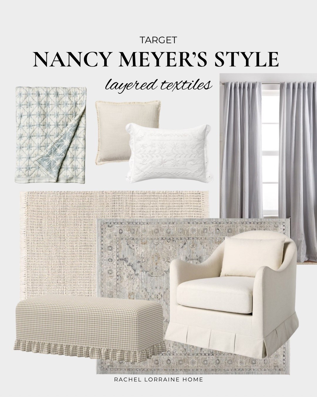 Nancy Meyers’ interiors have that beautifully layered, lived-in warmth—and so much of it comes from textiles. The softness of curtains, upholstered furniture, woven and patterned rugs, and those cozy finishing touches like throws and pillows. These Target finds are some of my favorites for bringing that same depth, comfort, and collected feel into a real, everyday home.

#LTKHome