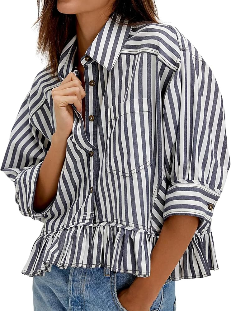 InterNos Womens Striped 3/4 Sleeve Blouse Loose V Neck Button Down Ruffled Hem Vertical Shirt Top... | Amazon (US)