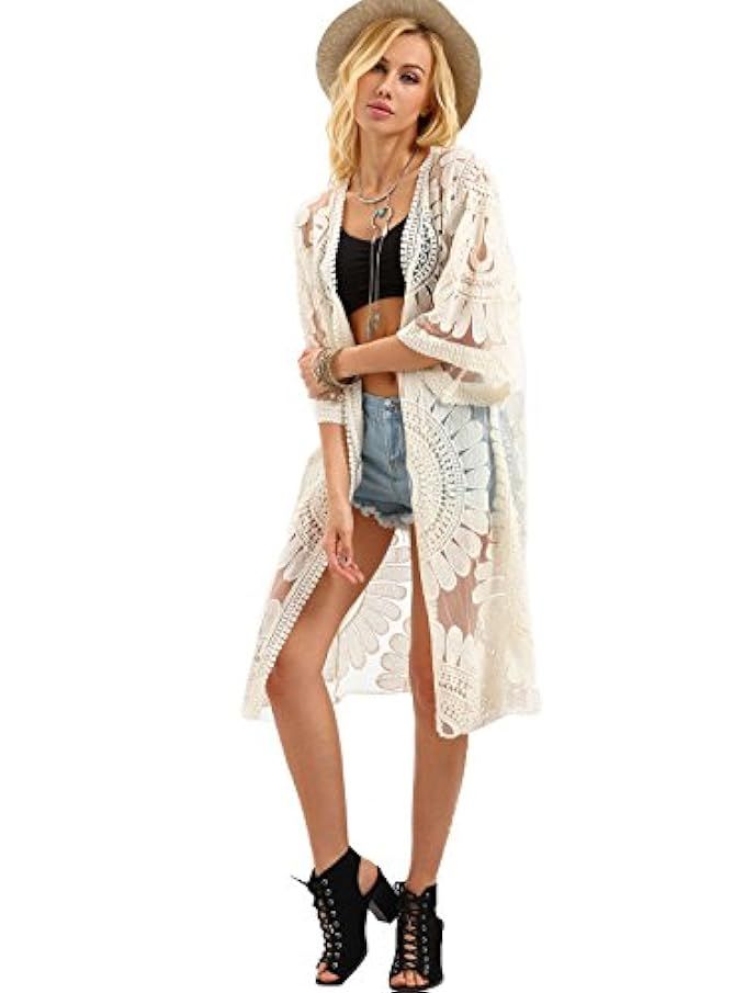 Milumia Womens Open-Front Flower Embroidered Beach Mesh Kimono Cover Up Cardigan | Amazon (US)