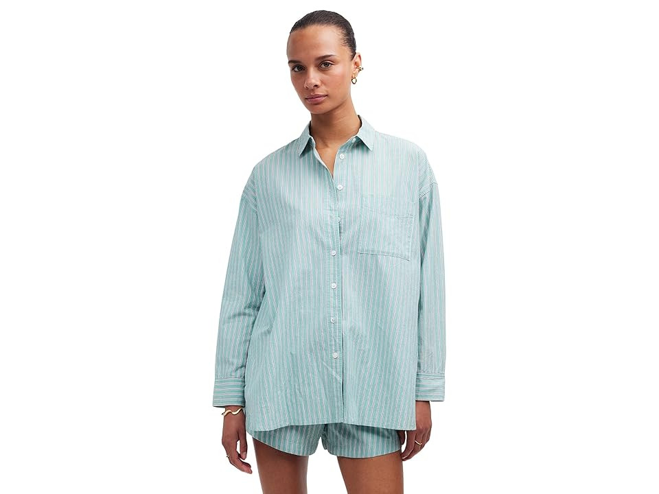 Madewell The Signature Poplin Oversized Shirt in Stripe (Dusty Verdigris) Women's Clothing | Zappos