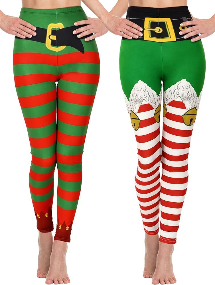 Eurzom 2 Pcs Christmas Leggings for Women Ugly Christmas Santa Claus Striped Party Leggings Costu... | Amazon (US)